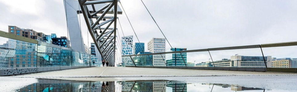 Bro. Vanndam i forkant, med refleksjon av høybygg i Bjørvika, som også er i fokus.